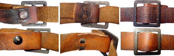 Jugulaires en cuir marron (en haut) et cuir fauve (en bas), munies d'une boucle prémontée avec un rivet fendu. Jugulaires en cuir marron (en haut) et cuir fauve (en bas), munies d'une boucle prémontée avec un rivet fendu.