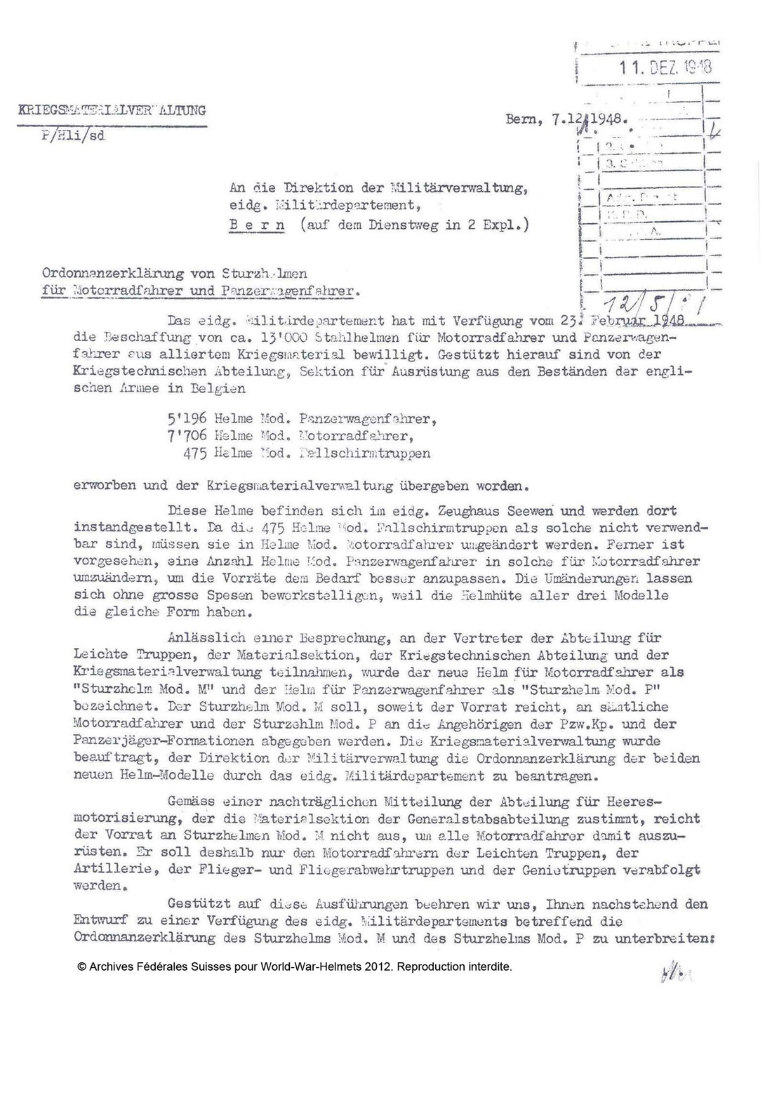Ordonnanzerklärung von Sturzhelmen für Motorradfahrer und Panzerwagenfahrer.