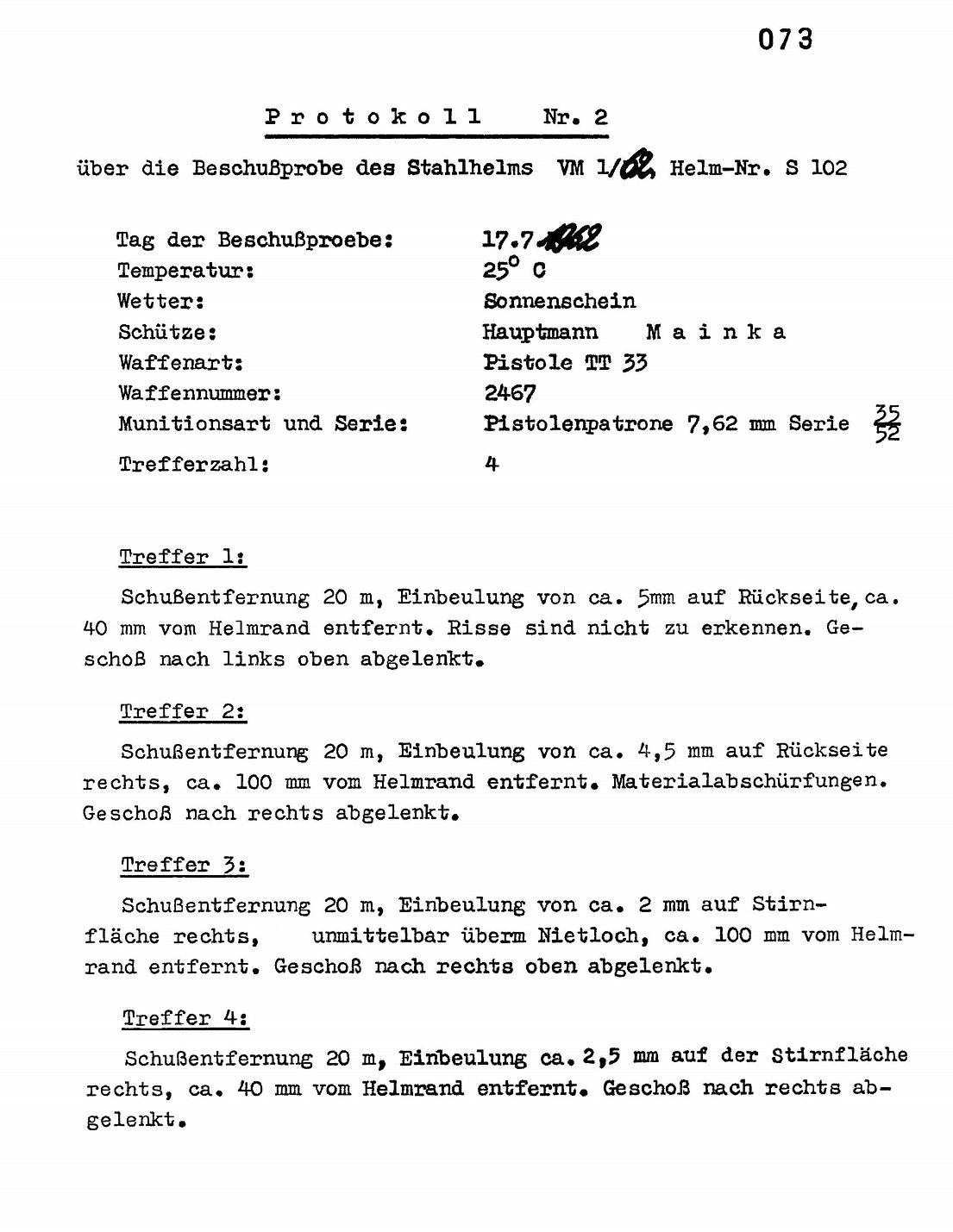 Essai balistique du casque Modell 56.