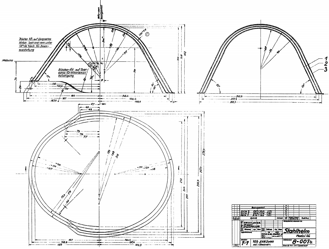 Plan bombe et coiffe du casque Modell 56.