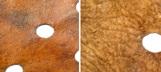 Cuir de bovin (vachette), recto et verso. Cuir de bovin (vachette), recto et verso.