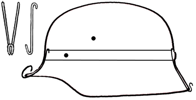 Crochet (face et profil) et emplacements dans la coque. Crochet (face et profil) et emplacements dans la coque.