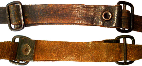 Jugulaire cuir, partie centrale. Recto, verso, profile. Jugulaire cuir, partie centrale. Recto, verso, profile.