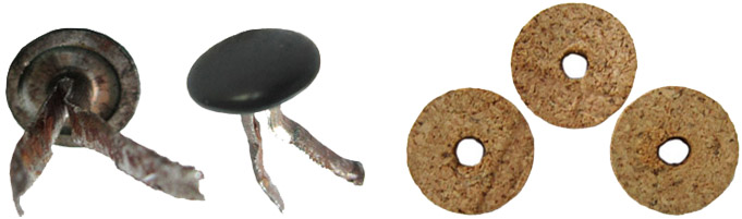 Rivets et rondelles de liège. Rivets et rondelles de liège.