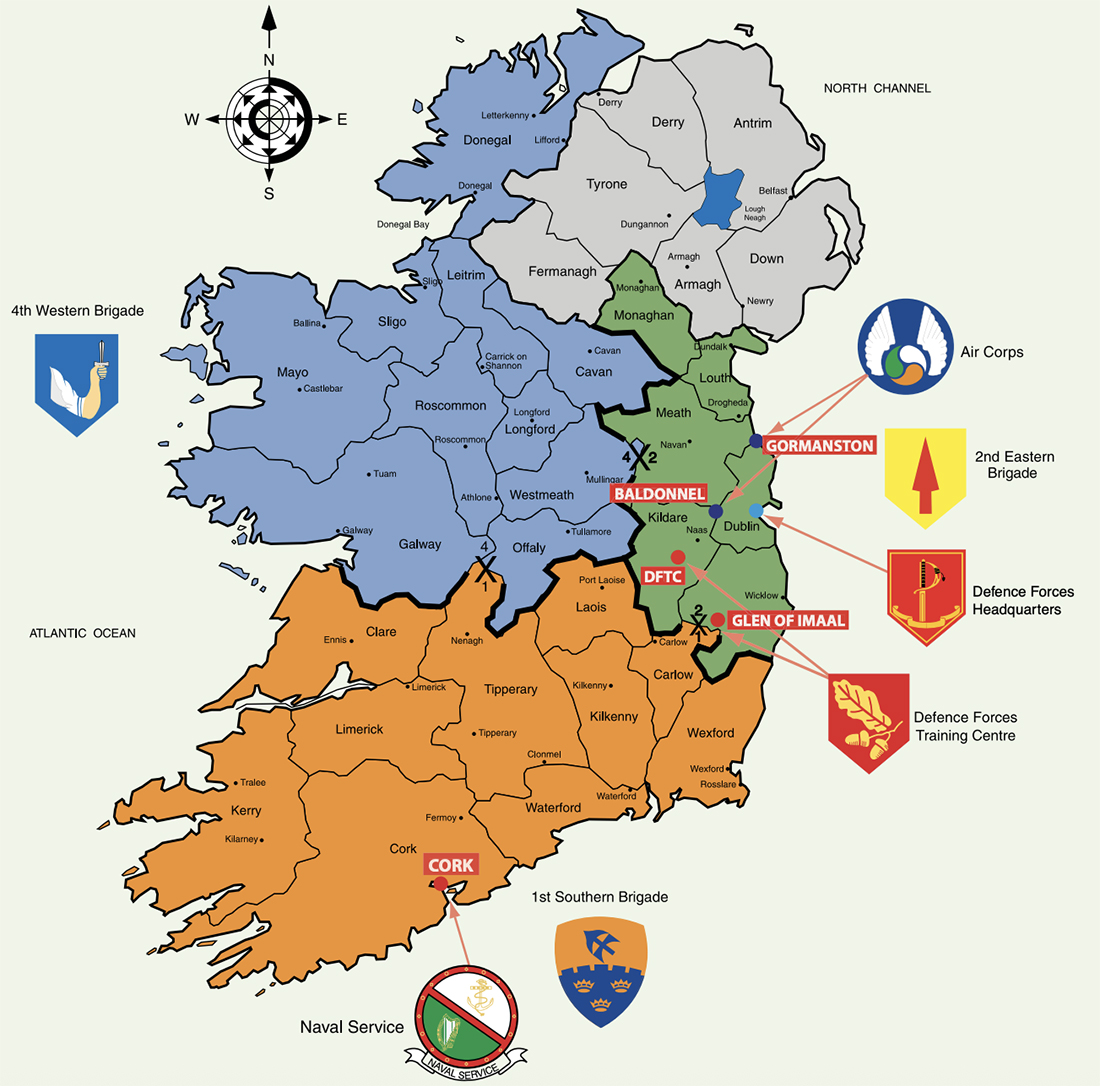 R&eacute;partition actuelle des unit&eacute;s de l'arm&eacute;e irlandaise.