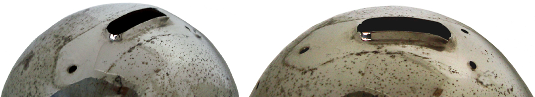 Puits d'aération et perforations pour les rivets du cimier (Japy). Puits d'aération et perforations pour les rivets du cimier (Japy).