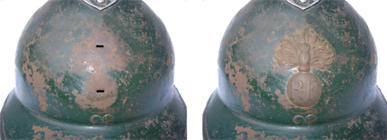 L'avant du cimier est à 105 mm de la visière, l'attribut est au centre de l'espace dégagé.