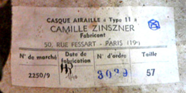 Etiquette du Casque Zinszner Airaille type 11.