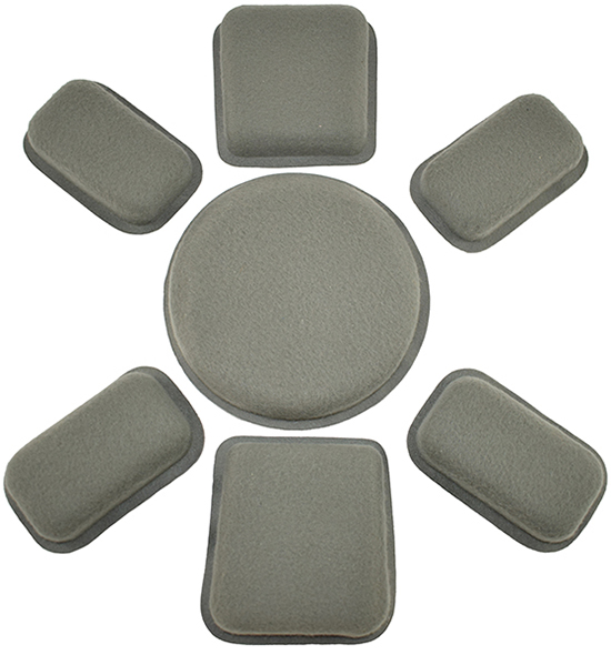 Sept pads constituant la coiffe (2 trapézoïdaux, 4 oblongs et un rond).