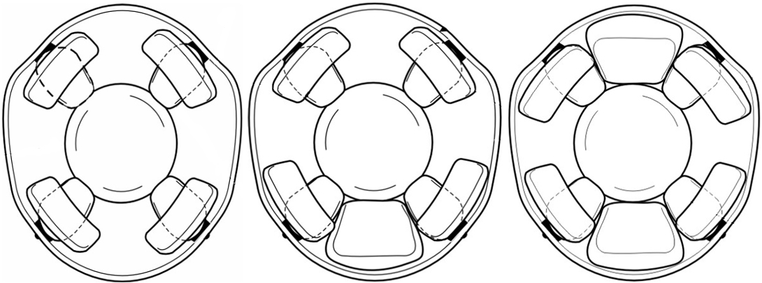Différentes possibilités de coiffe à 5, 6 ou 7 pads. Différentes possibilités de coiffe à 5, 6 ou 7 pads.