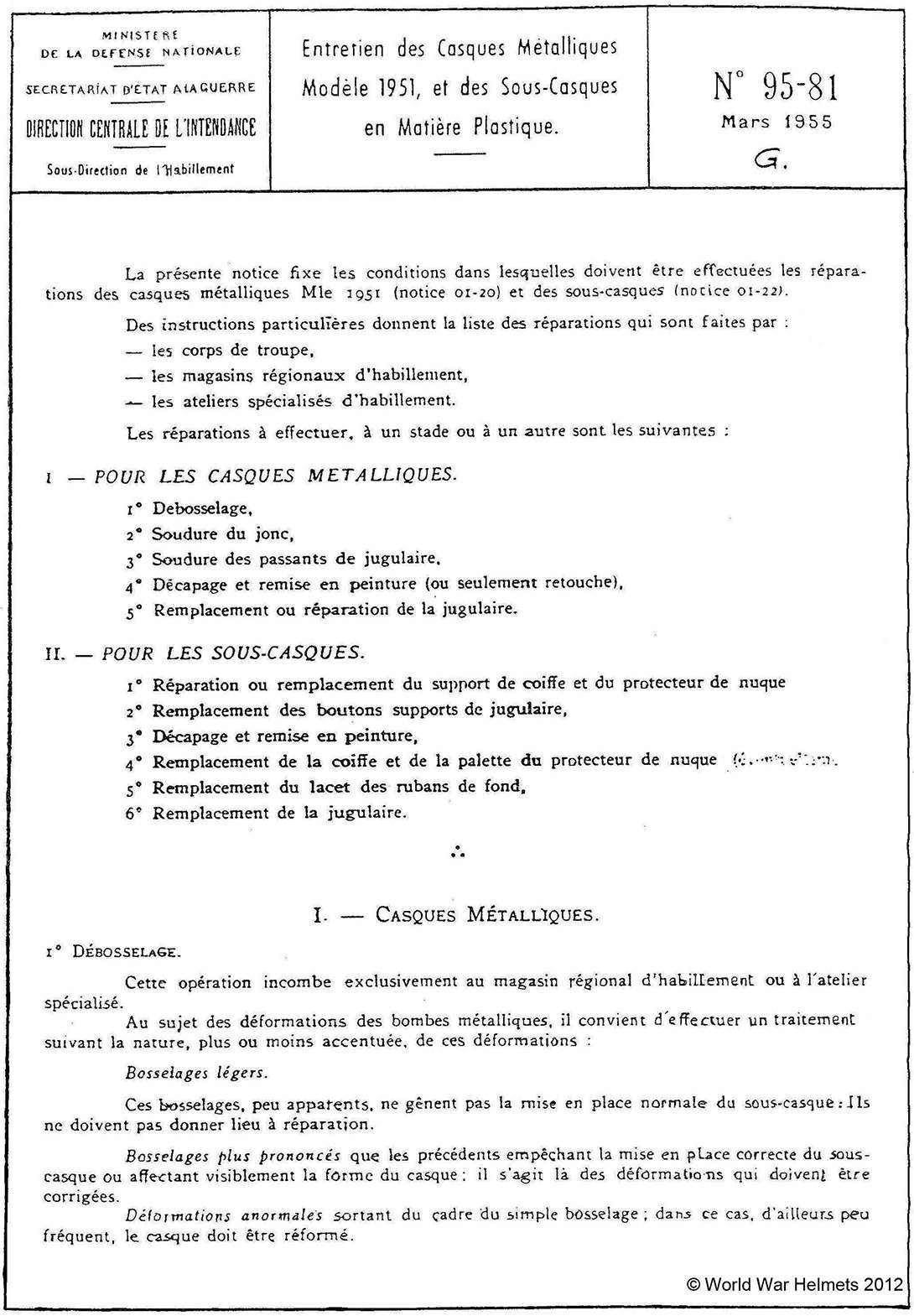 Entretien des casques modèle 51.