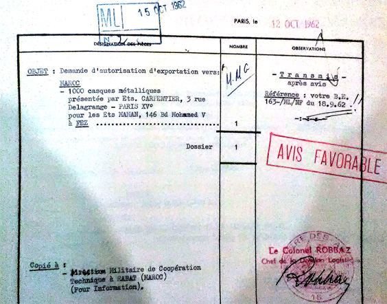 Bordereau d'exportation de casques Carpentier. Bordereau d'exportation de casques Carpentier.