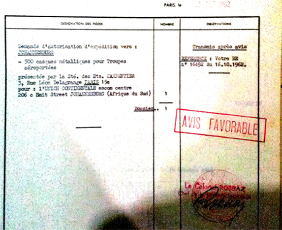 Extrait du bordereau d'expédition de 500 casques Mle 56 Carpentier, avec sous-casques.