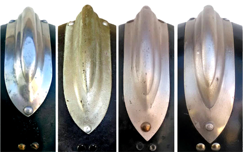 Quatre exemples de cimiers du 1er type en aluminium brossé.