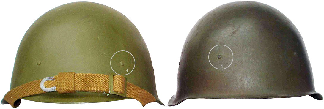 Comparatif entre le casque russe Ssh 40 &agrave; gauche et le casque hongrois mod&egrave;le 50.