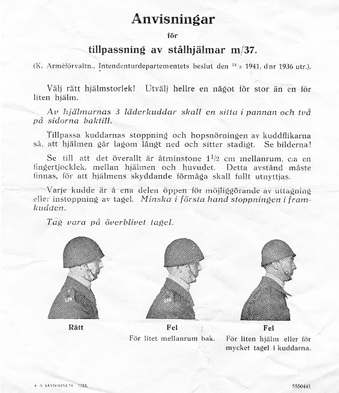 Instructions de r&eacute;glage du casque d'acier M37.
