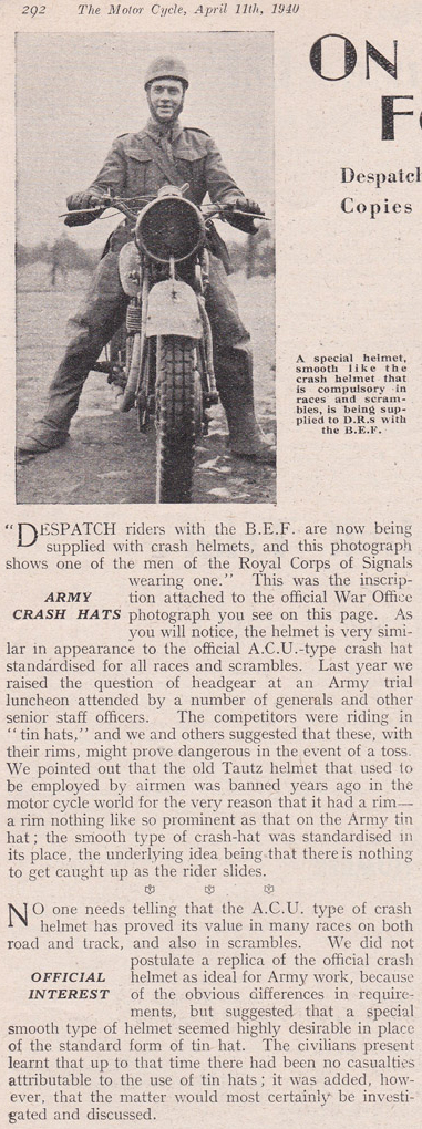 Article de presse lors de l'introduction casque Helmet, Crash, Despatch Rider's.