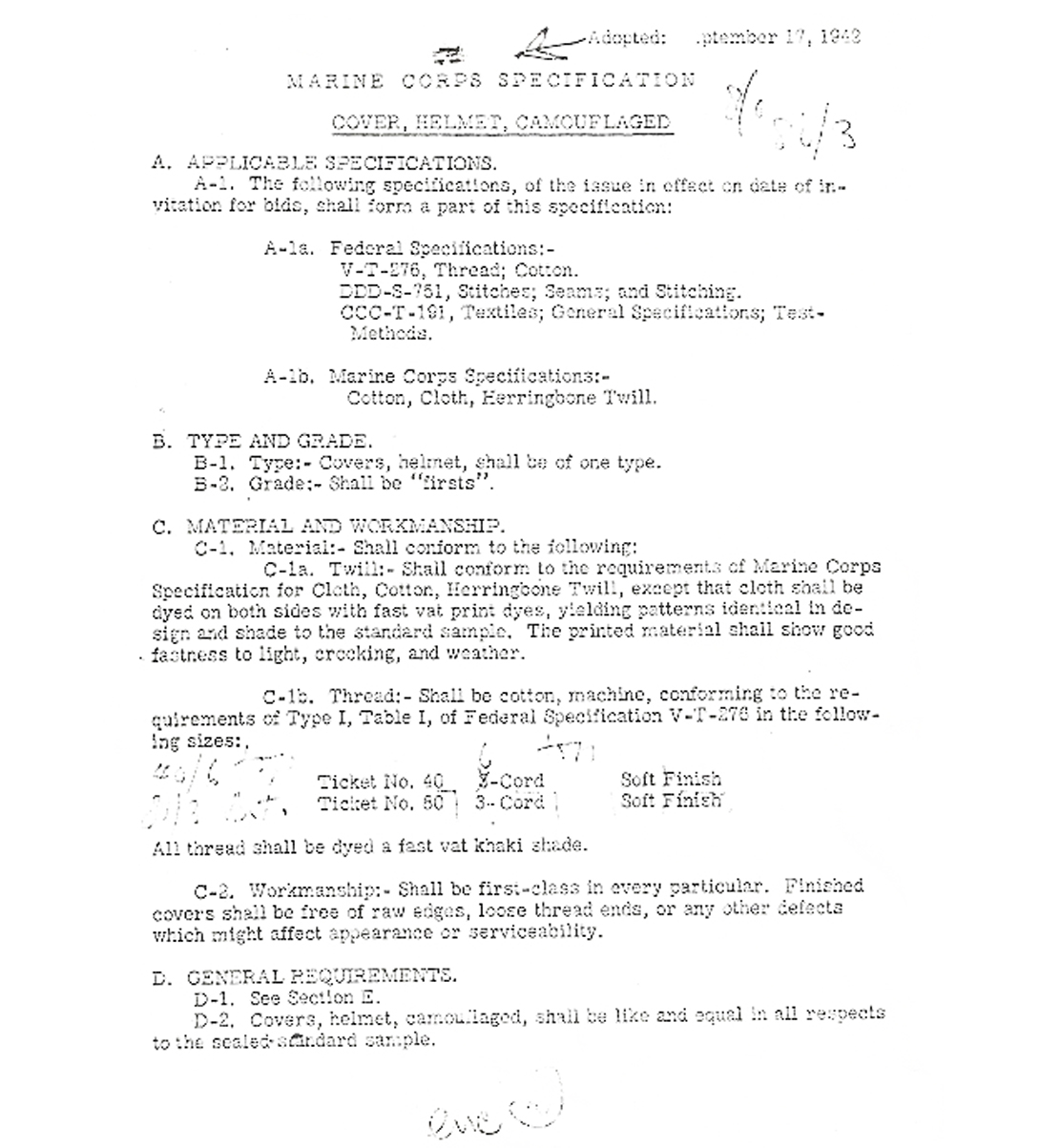 MARINE CORPS SPECIFICATION : COVER, HELMET, CAMOUFLAGED.